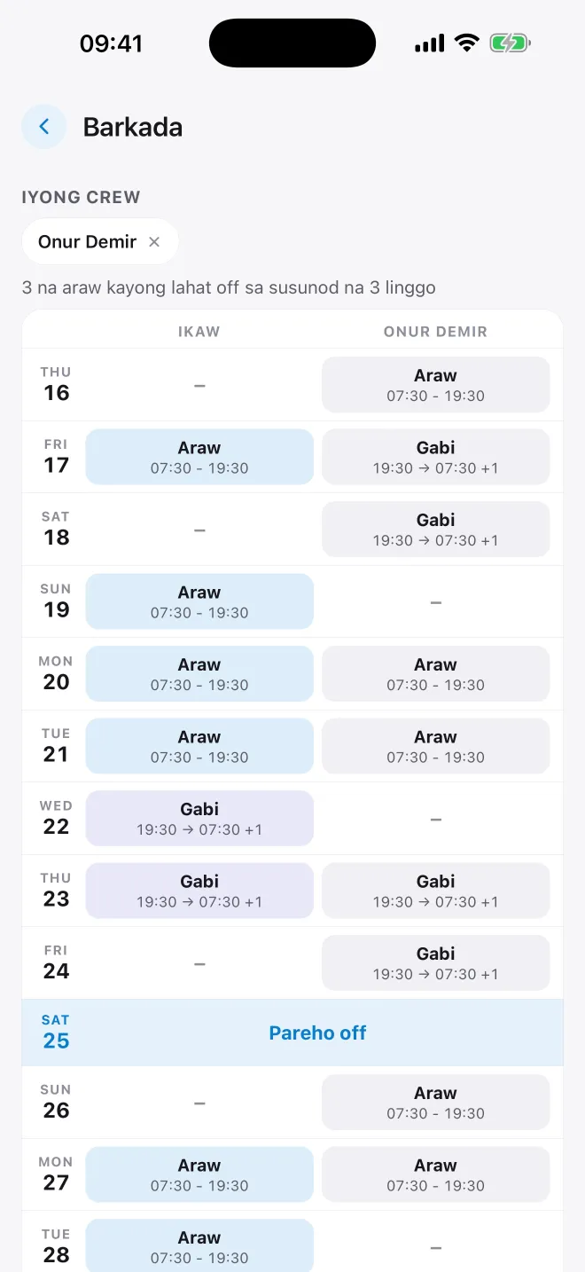 Compare days off with your crew